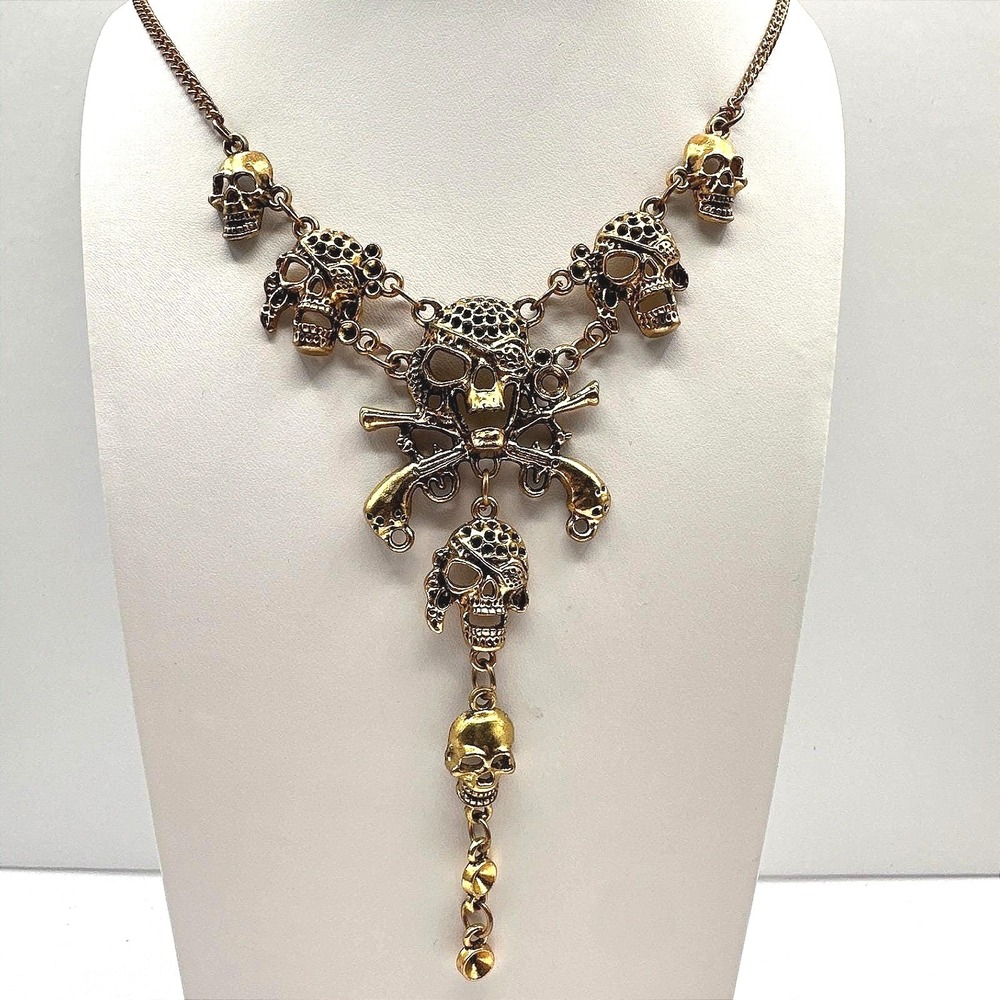 Vintage Y2K Pirate Skull Pistol Multi-Level Necklace Gold Tone Goth Punk Jewelry